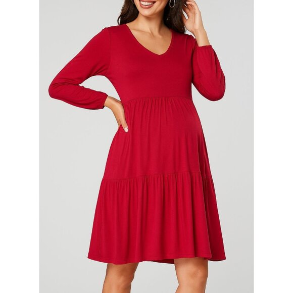 Smallshow Red Rayon & Spandex Long Sleeve V-Neck Tiered Maternity Dress size XL - Picture 1 of 16